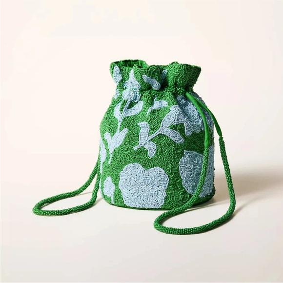 Kate Spade X target beaded classic rose drawstring Green Floral bucket bag - Picture 2 of 4
